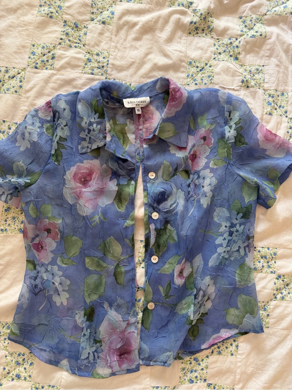 Miss Dottery Blue Floral Short Sleeve Button Blouse